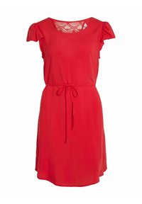 Vestido rojo de manga corta con yugo de encaje, escote redondo, cinturón fruncido en la cintura y dobladillo ligeramente acampanado.