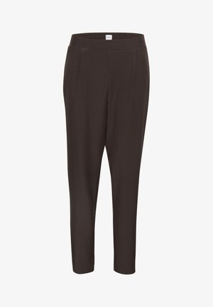 Pantaloni alla caviglia di colore marrone scuro, elasticizzati, con una fascia in vita elastica, due tasche frontali e una superficie liscia. Senza chiusure visibili o motivi.