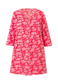 Czerwona sukienka w kwiaty z dekoltem w serek, rękawami trzyczwartkowymi i luźnym krojem. Charakteryzuje się wzorem różowych kwiatów na żywym tle.