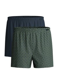 Twee paren heren boxershorts met elastische tailleband, �één effen marineblauw en één met een groen en zwart geometrisch patroon.