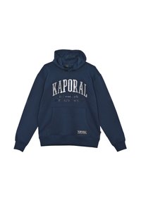Felpa blu navy con tasca a marsupio, caratterizzata da testo e etichetta logo "KAPORAL" di colore argento. Realizzata in materiale morbido, dotata di cappuccio con cordino.