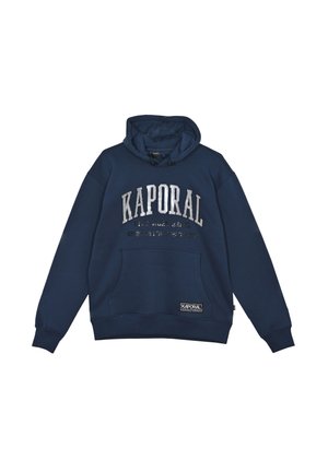 Felpa blu navy con tasca a marsupio, caratterizzata da testo e etichetta logo "KAPORAL" di colore argento. Realizzata in materiale morbido, dotata di cappuccio con cordino.