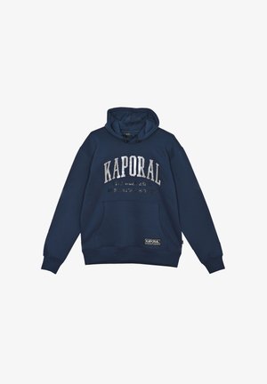 Felpa con cappuccio di colore blu navy, dotata di tasca a marsupio, con un audace logo "KAPORAL" in argento, realizzata in morbido materiale di cotone.