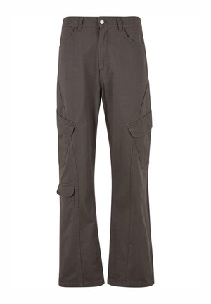 Gray cargo pants made of cotton, featuring a straight-leg design, multiple side pockets, and a button closure at the waist.