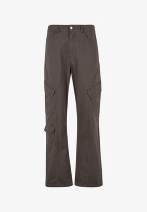 Gray cargo pants made of cotton, featuring a straight-leg design, multiple side pockets, and a button closure at the waist.
