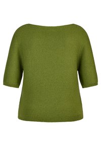 Short-sleeve, textured knit top in a solid olive green color. Features a wide, rounded neckline and a relaxed fit with ribbed hem.