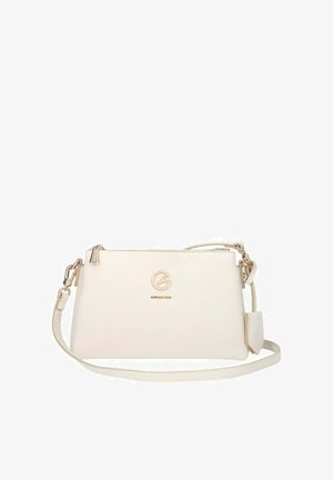 White rectangular crossbody bag with gold zipper, detachable strap, and small gold logo emblem on front.