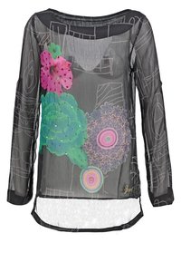 Haut transparent à manches longues noir avec des motifs floraux colorés, featuring des feuilles vertes, des fleurs roses et violettes, et des sequins décoratifs.
