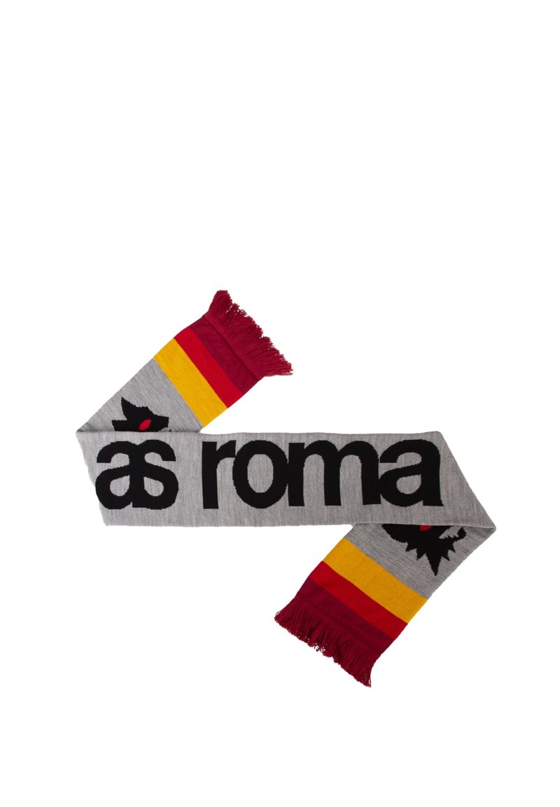 Grijze sjaal met "as roma" in grote zwarte letters, rode en gele strepen, en gefranjeerde uiteinden met een centraal logo-detail.