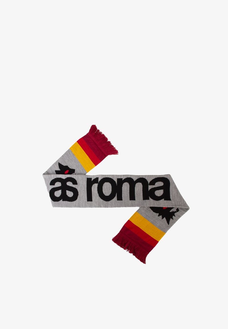 Grijze sjaal met "as roma" in grote zwarte letters, rode en gele strepen, en gefranjeerde uiteinden met een centraal logo-detail.