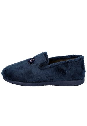 Zapatillas de felpa azul marino con punta redondeada, diseño sin talón y logo bordado en la parte frontal. Textura suave y suela de goma plana.