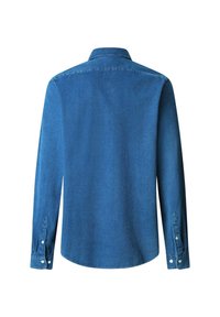 Blauwe denim blouse met lange mouwen en een puntkraag, rugpand en knoopmanchetten. Hete zachte textuur en klassieke pasvorm met een afgeronde zoom.