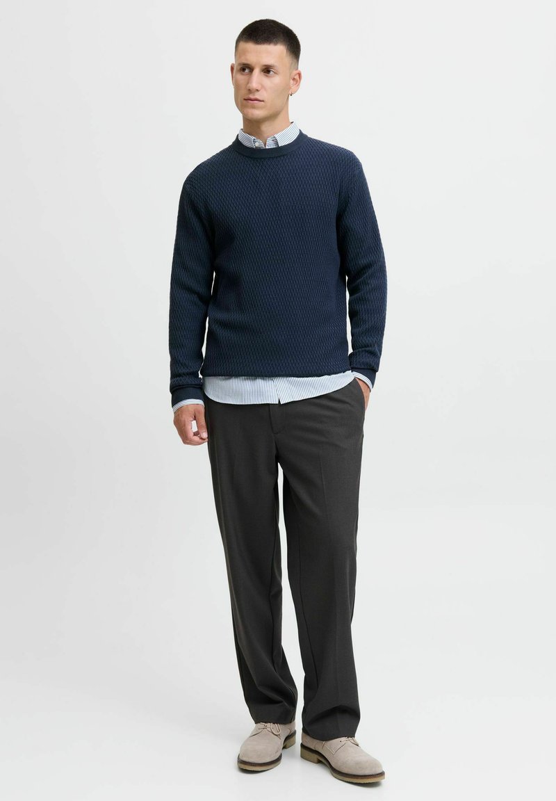 OXKnit Maglione Uomo A Maniche Lunghe Girocollo – Blu Scuro Stile Retrò A Righe Jacquard, Puro Cotone Morbido