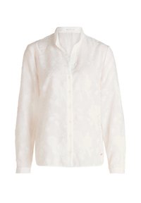 Light pink long-sleeve blouse with a collared neckline, button front, textured floral pattern, and a small logo tag on the side.