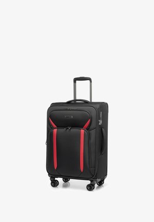 Valigia nera con ruote, dettagli rossi, con tasca frontale con cerniera, manico allungabile e quattro ruote multidirezionali.