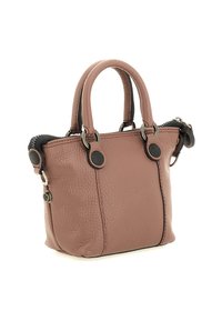Piccola borsa a mano in pelle textured rosa polveroso con doppie maniglie, dettagli in cerniera nera e minuteria metallica argentata su sfondo bianco.