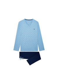 Top azzurro chiaro a maniche lunghe con scollatura a V e motivo a diamante, pantaloni con elastico in vita blu navy con cordoncino. Materiale in cotone, texture morbida.