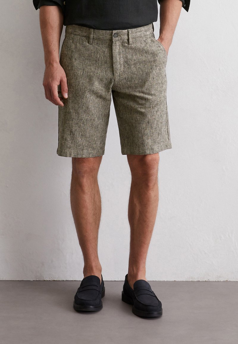 Herren Chinoshorts in Khakifarbe mit vertikalen Streifen, Fronttaschen, Knopfverschluss und geradem Schnitt, kombiniert mit schwarzen Slippers.