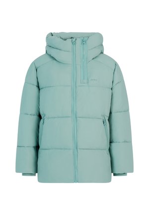 Light blue puffer jacket with a high collar, front zipper, and two side pockets; features quilted design and elastic cuffs.