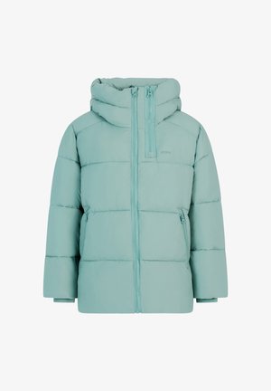 Svijetloplavi dukserica sa punjenjem, s visokim ovratnikom, prednjim patentnim zatvaračem i dva bočna džepa; ima kvadratični dizajn i elastične rukave.