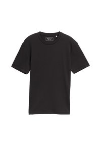 Sort kortærmet t-shirt lavet af bomuldsjersey. Har en rund halsudskæring og en afslappet pasform, med en glat tekstur og ingen fremtrædende detaljer.