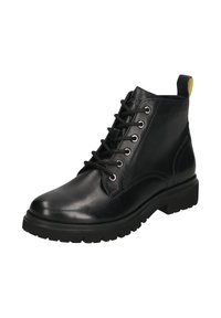 Czarne skórzane botki za kostkę o gładkim wykończeniu, okrągłym nosku, sznurowanym designie, gumowej podeszwie oraz kontrastowej, żółtej pętelce na pięcie.