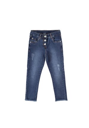 Jeans in denim blu scuro con vita alta, dotati di chiusura a bottoni, cinque tasche e dettagli strappati sul davanti, orlo grezzo alle caviglie.