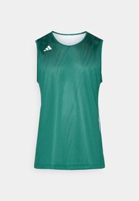 Zelený bezrukávový športový dres s sieťovou textúrou, zaobleným výstrihom a tromi bielymi prúžkami na ľavom ramene. Vyrobený z ľahkého materiálu.
