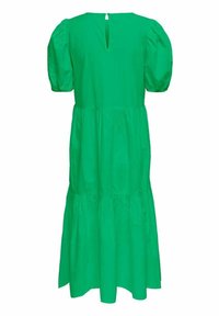 Robe midi verte avec manches courtes bouffantes, jupe à volants et fermeture dos en trou de serrure avec boucle à bouton.