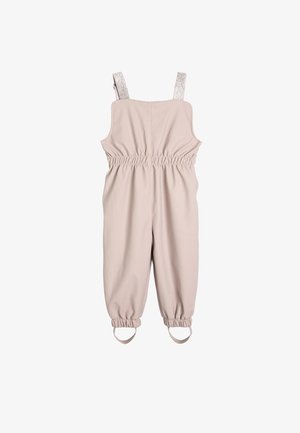 Beige overall lavet af blødt materiale med elastisk talje; har sølvglitrende skulderstropper og elastiske manchetter ved anklerne.