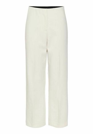 Pantalon crème taille haute à jambes larges, devant épuré, sans poches visibles, avec une ceinture simple.