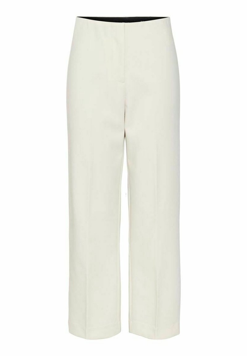 Pantalon crème taille haute à jambes larges, devant épuré, sans poches visibles, avec une ceinture simple.