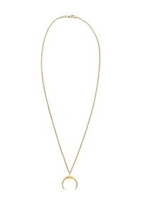 Halskette in Goldoptik mit einer dünnen Kette und einem Anhänger in Form eines Halbmonds. Schlankes Design und glatte Textur.
