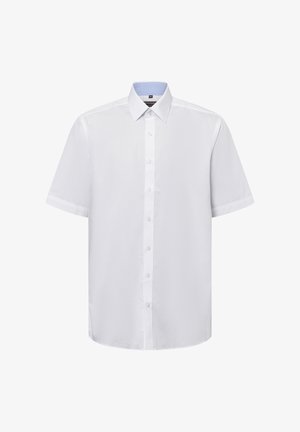 Weißes kurzärmeliges Hemd mit Knopfleiste und einfarbigem Design. Hat ein kontrastierendes hellblaues Karomuster im Kragen.