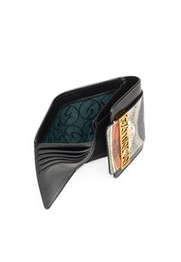 Portafoglio in pelle nera con interno a motivo verde, diverse fessure per carte e hardware dorato che presenta un accento con logo all'esterno.