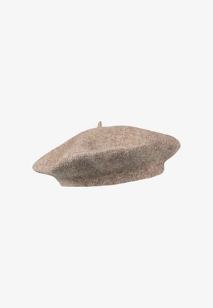 Wollen baret in lichtbruin met een zachte textuur, ronde vorm en een klein bovenstukje voor het aanpassen van de pasvorm. Bevat een subtiele mengeling van kleuren.