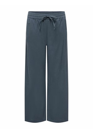 Mørkegrå bukser med vide ben, elastisk talje og justerbar snøre, lavet af let stof.