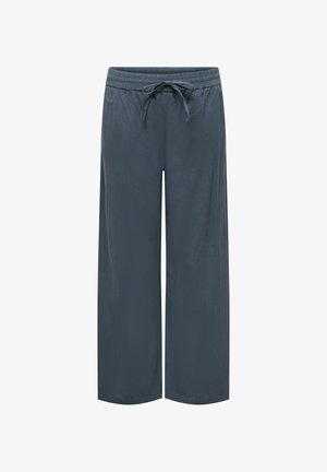 Mørkegrå bukser med vide ben, elastisk talje og justerbar snøre, lavet af let stof.