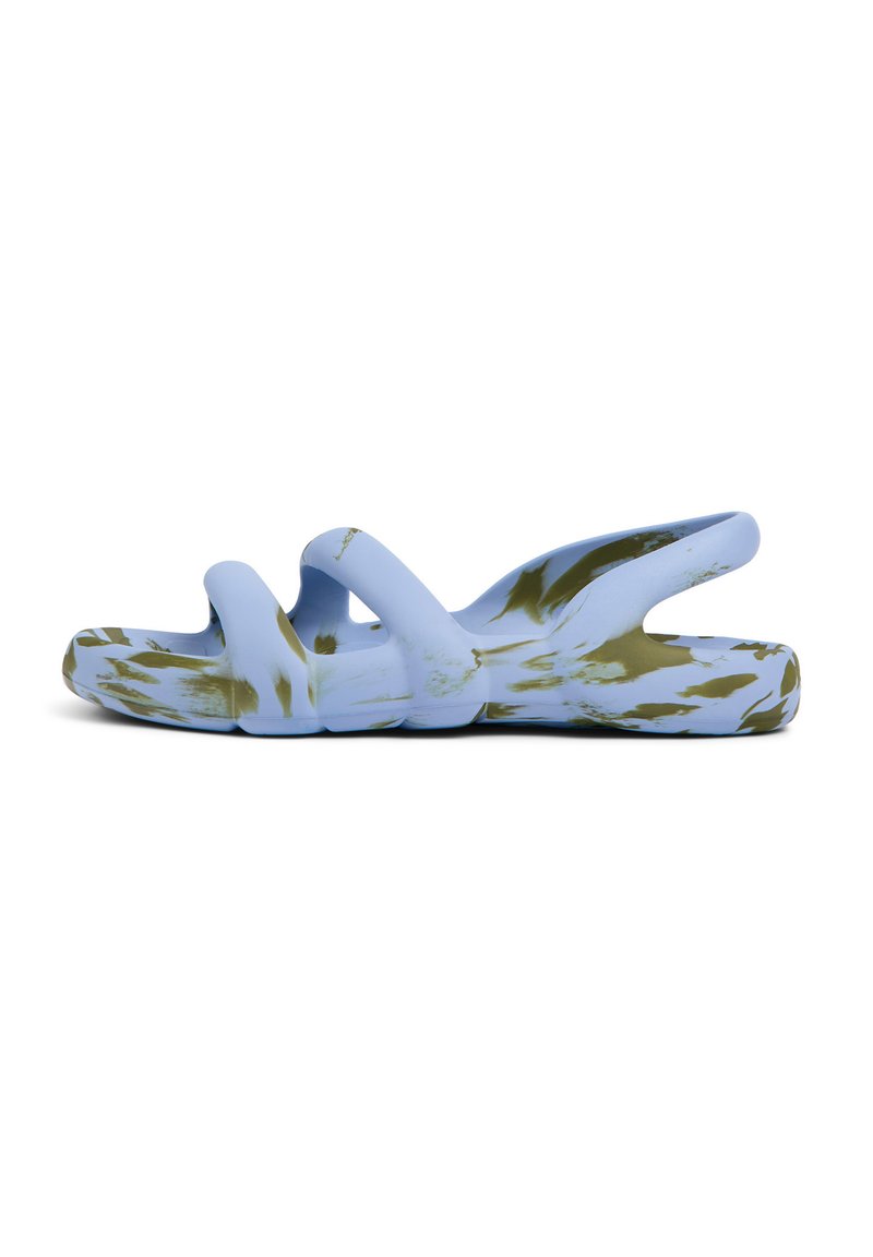 Light blue sandals with a wavy design, featuring olive green accents and a smooth, glossy texture; open-toe style, lightweight construction.