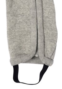 Grå ullblandningstillbehör med en texturerad yta, med en central dragkedja och ett svart tygband på ena sidan.