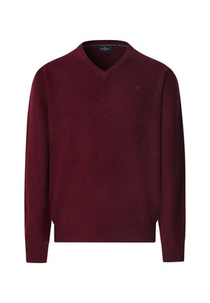 Burgundy ulltröja med V-ringning och långa ärmar, med ribbade mudd och fåll, samt en liten logotypdetalj på bröstet.