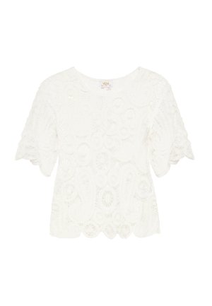 Top scurt din dantelă albă cu mâneci scurte, având un decolteu rotund și un tiv cu margine ondulată, cu modele complicate de paisley și flori pe toată suprafața.