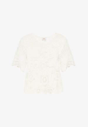 Top scurt din dantelă albă cu mâneci scurte, având un decolteu rotund și un tiv cu margine ondulată, cu modele complicate de paisley și flori pe toată suprafața.