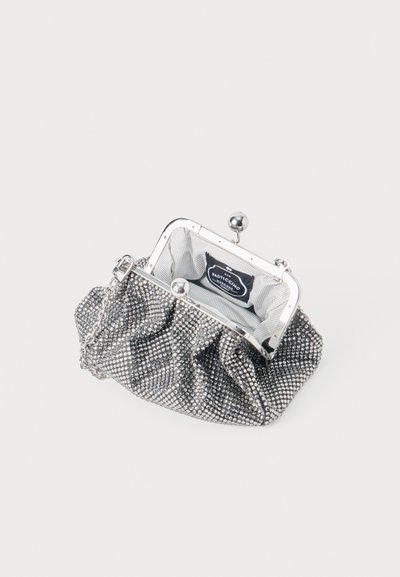 Silver clutch bag with a pleated design, embellished with metallic studs. Metal frame closure and chain strap, striped fabric lining inside.