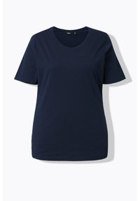 T-shirt bleu marine à manches courtes avec col rond et coupe décontractée, présenté sur un fond blanc uni.