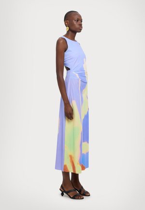 Light blue, sleeveless dress featuring a colorful abstract pattern. The fabric is smooth with a fitted waist and a long, flowing skirt.