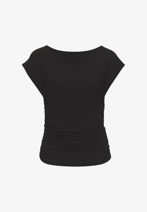 Black short-sleeve top with a boat neckline and gathered sides, made of smooth, stretchy fabric. Designed for a relaxed fit.