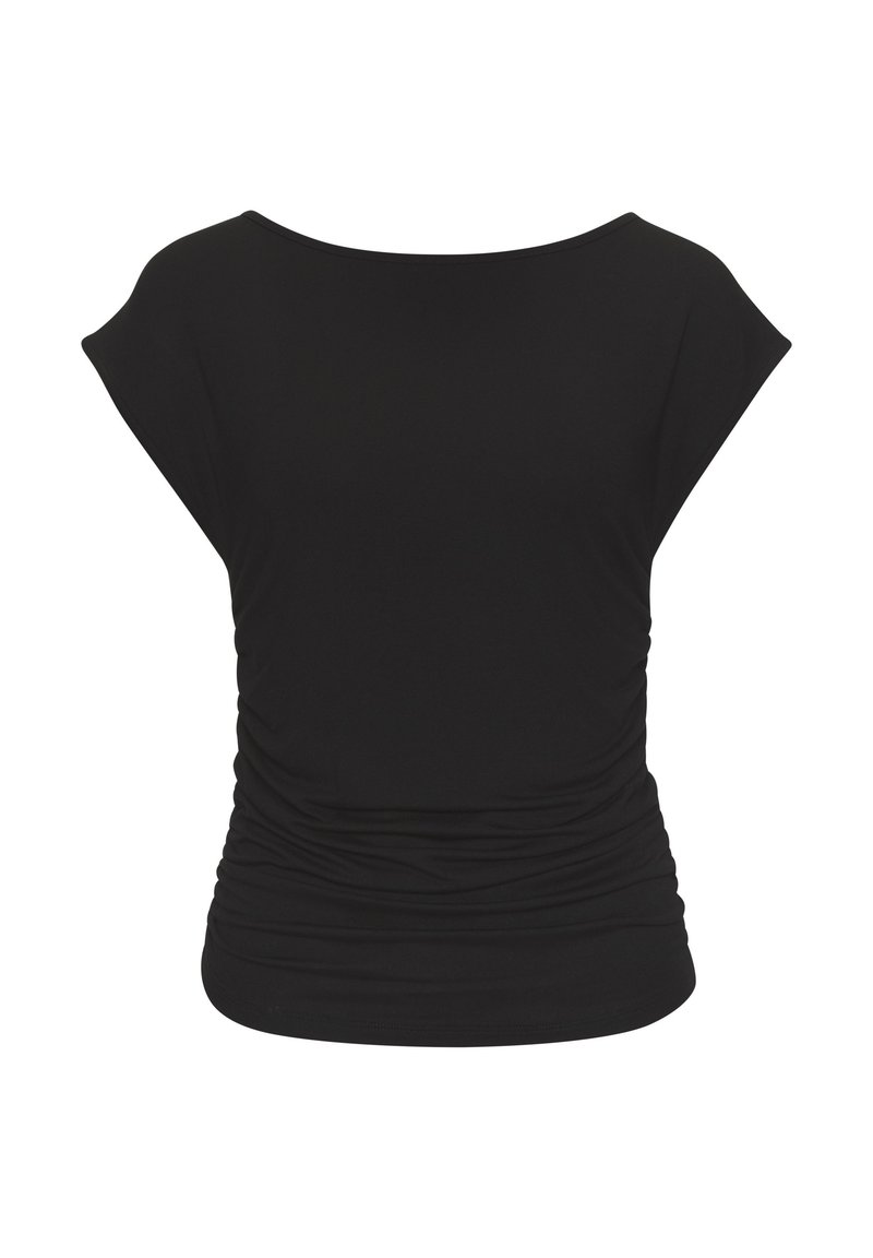 Schwarzes kurzärmliges Oberteil mit Bootsausschnitt und gerafften Seiten, gefertigt aus glattem, dehnbarem Stoff. Entwickelt für eine lockere Passform.