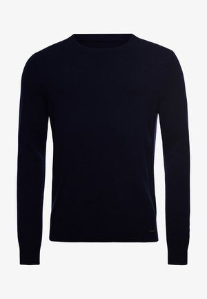 Maglione a maniche lunghe blu navy con scollo rotondo, polsini e orlo a coste, realizzato in tessuto fine a maglia, mostrato su uno sfondo bianco.
