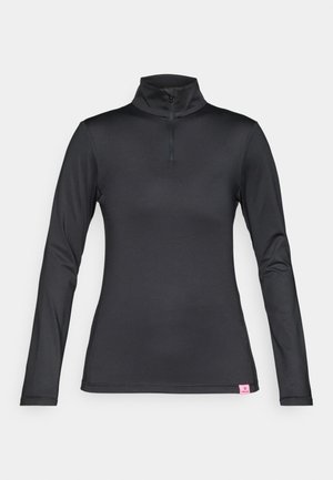 Bluză neagră cu mâneci lungi, guler înalt și fermoar la jumătate. Fabricată dintr-un material neted și elastic, cu un mic logo roz în partea de jos.